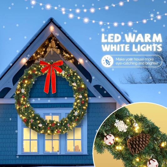 Ktaxon 60in Outdoor Christmas Wreath PVC Bow Decoration 220 Lights LED Garden Garland Decoration Green